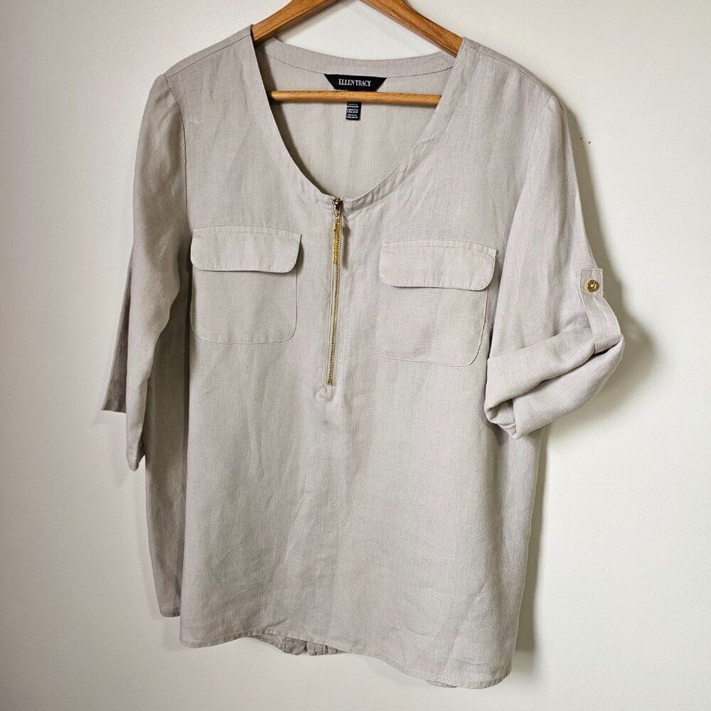 EUC LIKE NEW ELLEN TRACY 100% LINEN LIGHT TAUPE/TAN GOLD HARDWAR TOP SIZE L